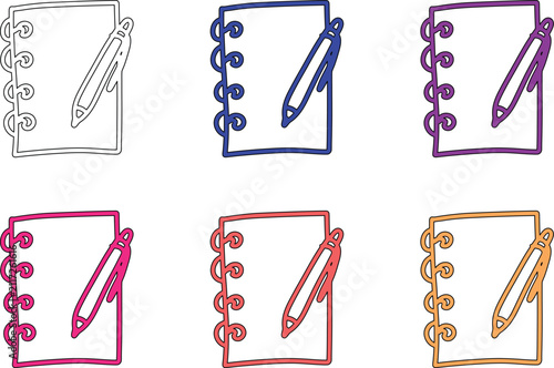 Set of six spiral notebooks with a pen icon in black, blue, purple, pink, coral, and orange outline colors.