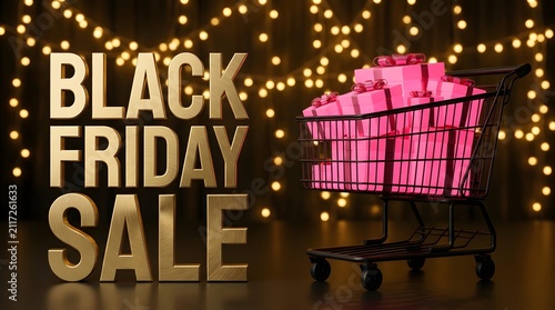 Black friday sale sign with a shopping cart filled with gifts and glowing fairy lights