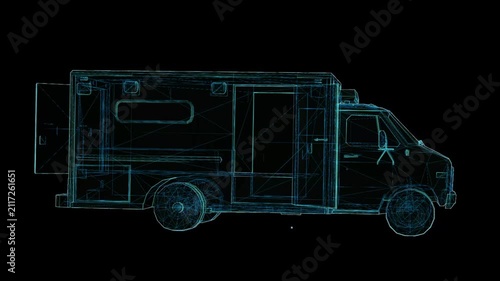 Futuristic 360° rotating HUD wireframe vehicle animation with glowing X-ray blueprint style. High-tech digital interface, seamless loop, perfect for AI, automotive, engineering, defense, and sci-fi pr