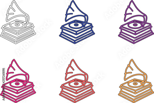 Set of vector illustrations featuring vintage gramophones playing vinyl records, presented in various vibrant colors.