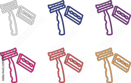 Six colorful line art illustrations of safety razors with blade cartridges on transparent background, various hues.