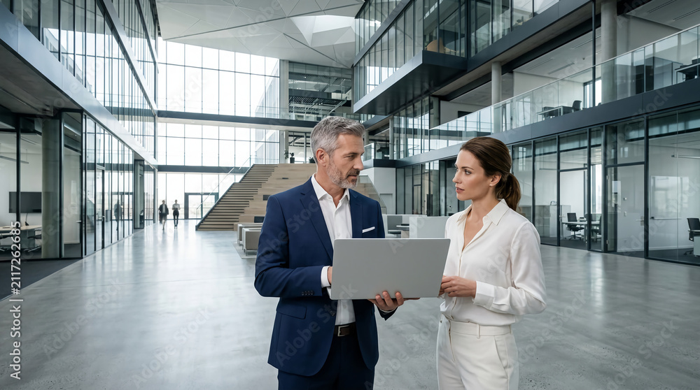 Fototapeta premium Successful corporate professionals working together on laptop in modern high-end office