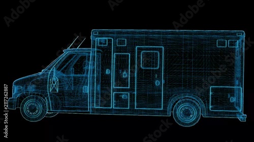 Futuristic 360° rotating HUD wireframe vehicle animation with glowing X-ray blueprint style. High-tech digital interface, seamless loop, perfect for AI, automotive, engineering, defense, and sci-fi pr