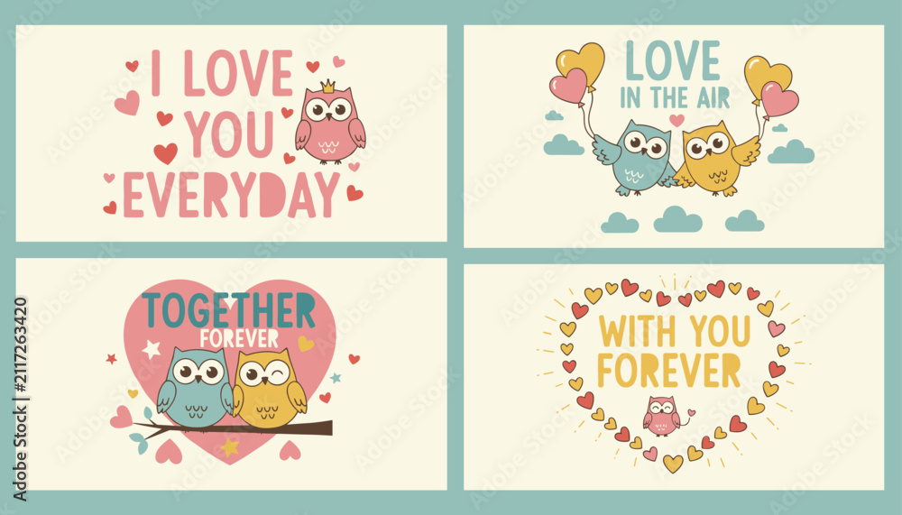Fototapeta premium Set of four adorable greeting cards featuring cute lovebirds owls with romantic quotes and sweet hearts.