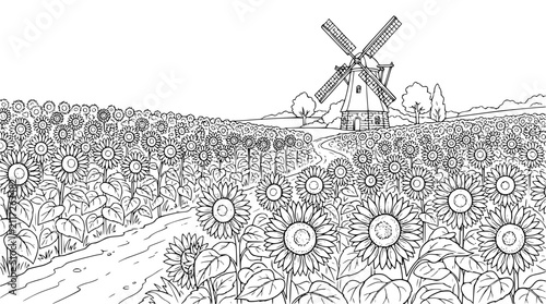 Sunflower field with a traditional windmill coloring page for adults and kids