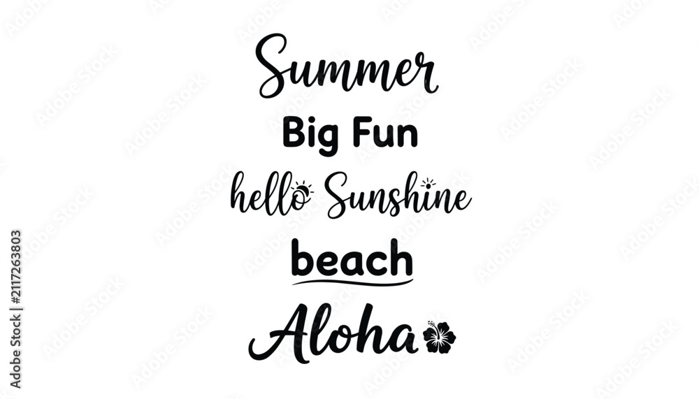 Obraz premium Vertical array of hand drawn summer holiday slogans and phrases in black brush script on white background.