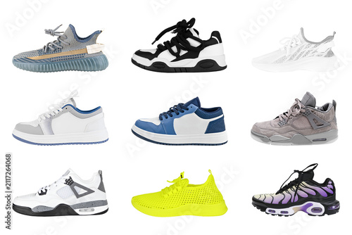 Set of various modern sneakers and sport shoes isolated on white background