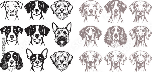 Vector dog head illustrations set with various breeds in black and white line art and sketch style for logo and design elements