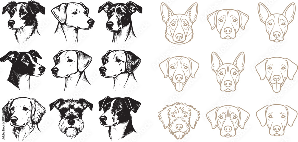 Obraz premium Dog head portraits vector set in hand drawn sketch and minimalist line art styles for logo design