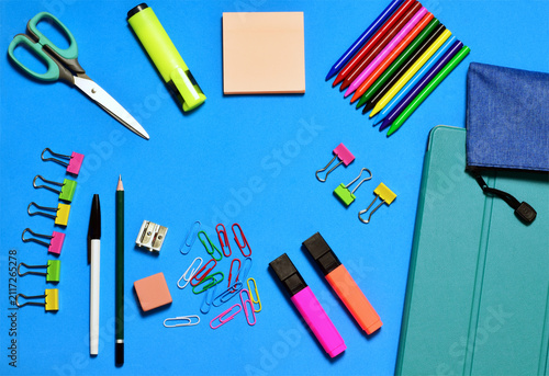 back to school concept, blue background and zenith view