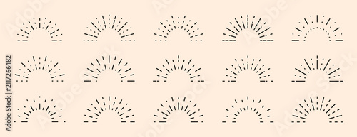Set of boho half sunrise line icons with various retro, geometric, and radiating line designs