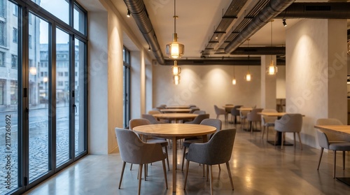 Modern restaurant interior featuring empty wooden tables and comfortable upholstered chairs arranged in a spacious contemporary dining room setting today