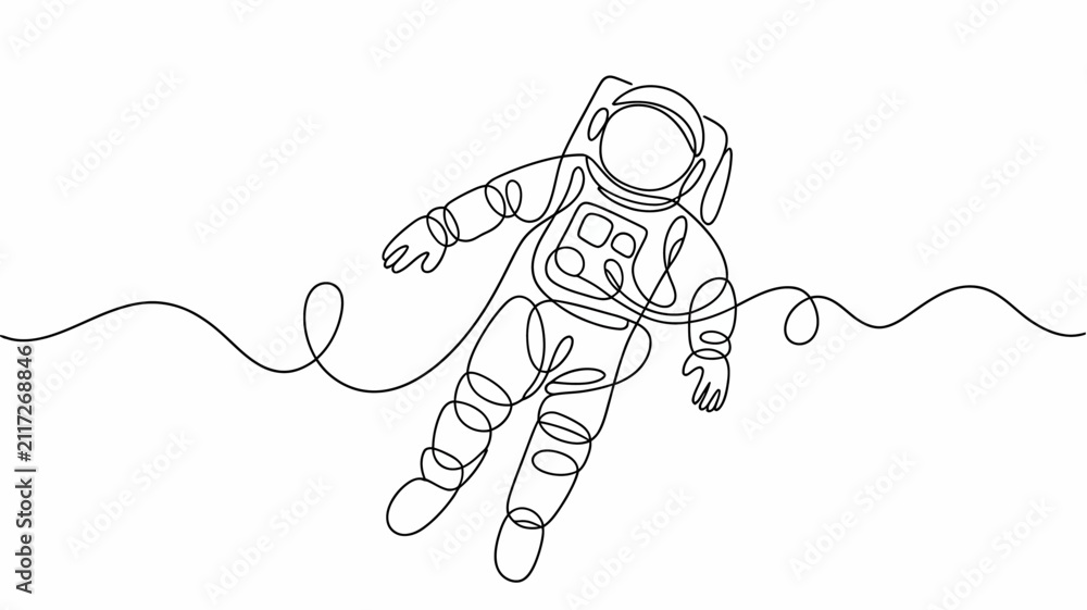 Fototapeta premium A simple line drawing of an astronaut floating in space. The continuous wireframe design gives a minimalist and modern feel.