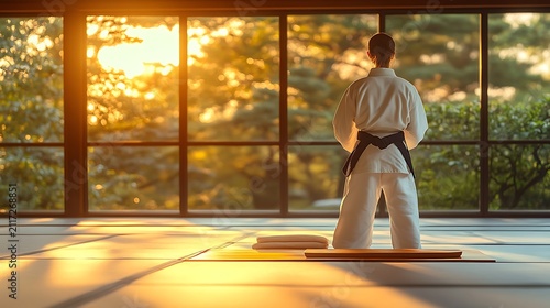 Karate Practitioner Meditating at Sunset in Dojo.