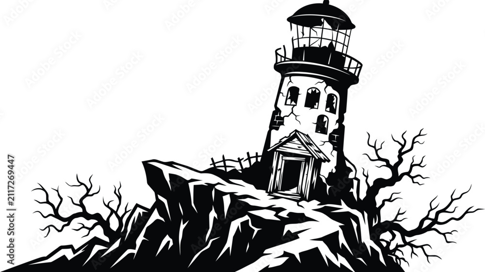 Obraz premium Black and white illustration of a spooky abandoned lighthouse standing on a rocky cliff with bare trees