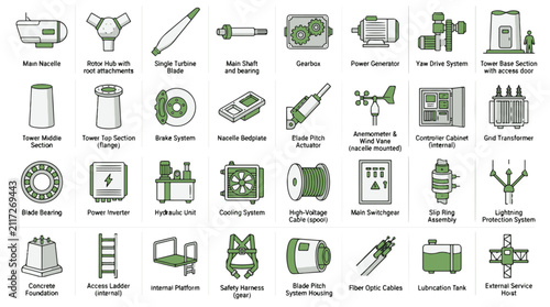 Wind Turbine Components Icon Collection for Renewable Energy Industry Design