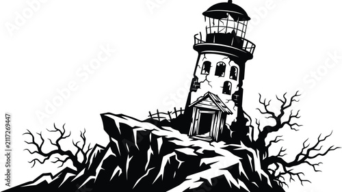 Black and white illustration of a spooky abandoned lighthouse standing on a rocky cliff with bare trees