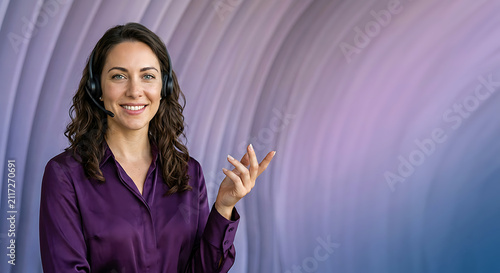 Hispanic Customer Service Representative with Headset and Hand Gesture over Purple Abstract Background with Copy Space.