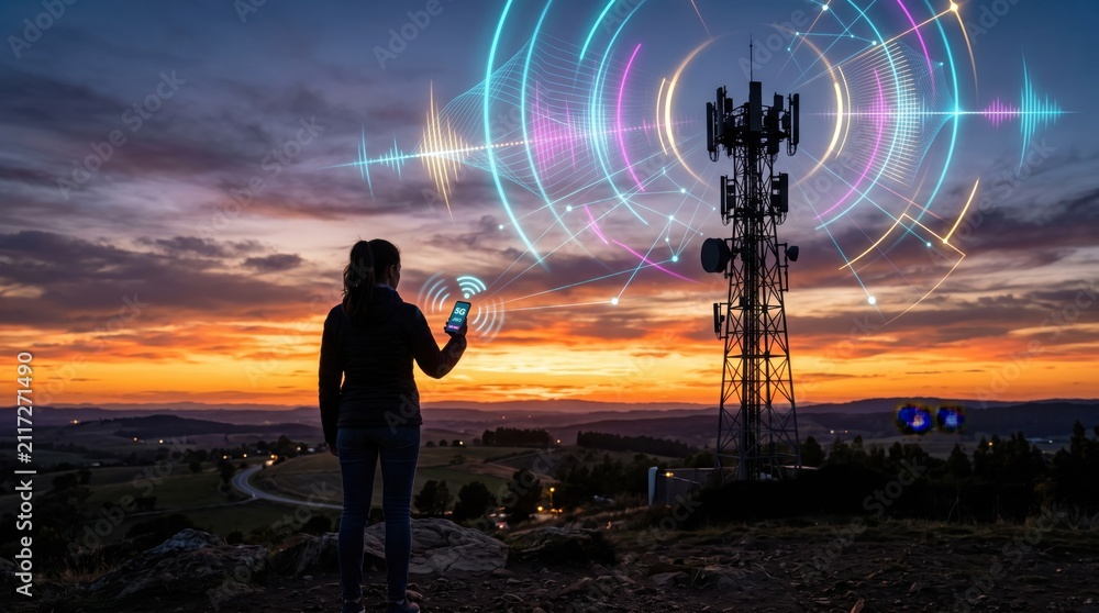 Fototapeta premium 5G network tower communication, mobile phone signal transmission, wireless technology connection, telecommunication antenna broadcasting waves to smartphone user in sunset