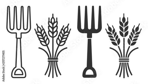 Bild auf Leinwand farm pitchfork and wheat sheaf icons on transparent background
