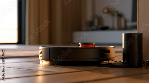 Robot vacuum cleaner in a modern home cleaning floor near its charging station during daytime.