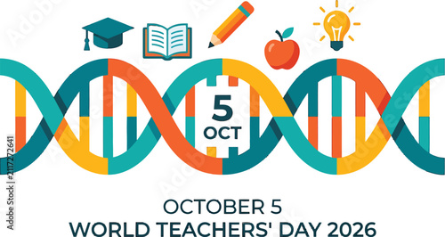 World Teachers Day 2026 banner with colorful DNA helix structure and educational icons in flat vector style