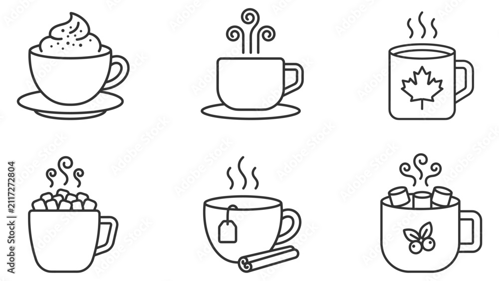 Obraz premium hot beverage cups icons with different drink types line art vector illustration on transparent background