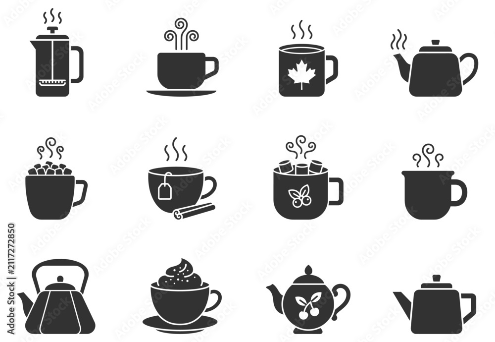 Obraz premium black tea and coffee cups and kettles icons set on transparent background