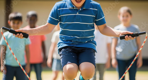 Young boy jumping rope happily while other children watch outdoors  