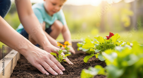 Mother and son planting flowers in vegetable garden during daylight  