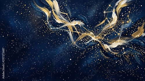 Abstract Swirls of Gold Glitter and Light Particles on a Deep Blue Background