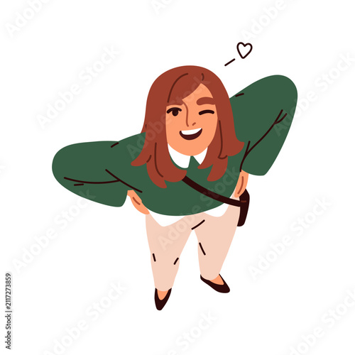 Smiling woman looking up, winking and flirting, top view. Happy young girl fr...
