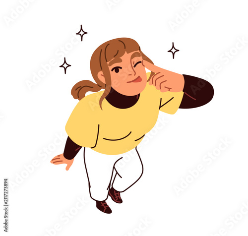Playful girl winking and teasing with grimacing face expression, looking up, ...