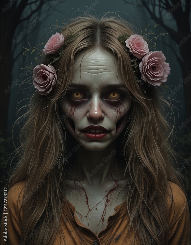 Obraz premium portrait of a pale zombie girl with sunken eyes. Disheveled hair with roses, brown kimono with red embroidery. Horror, thriller, mystery style