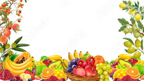 Vibrant assortment of fresh colorful fruits in a border design, transparent background