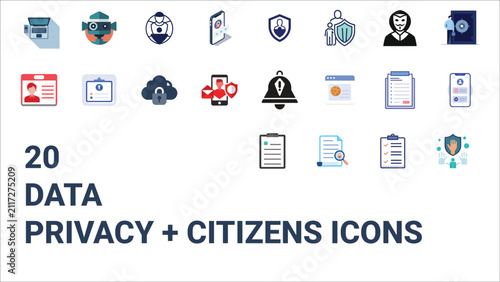 Data privacy and citizens icons – personal data rights, consent, and digital identity symbols.