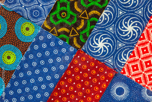 Close-up patchwork of authentic South African shweshwe fabric with traditional African patterns