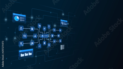 AI workflow automation artificial intelligence. ai agent network diagram machine learning with data flow analytics, digital document, chart and automation system.
