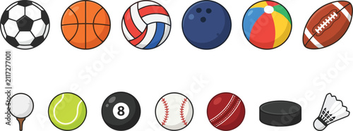 Sports Balls and Equipment Vector Icons Set Including Soccer Basketball Tennis Golf and Football