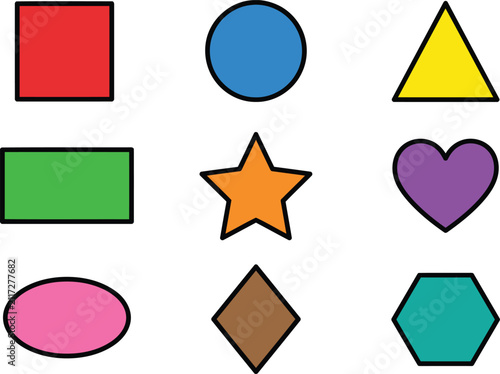Set of Colorful Geometric Shapes Including Square Circle Triangle Star Heart and Polygon Vector Illustration