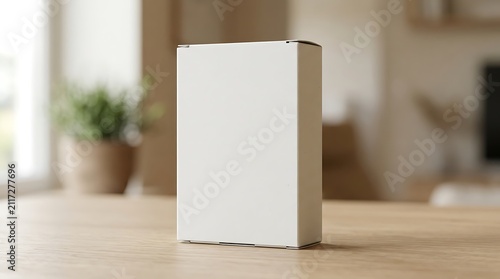 Blank White Cardboard Box Sitting On A Wooden Table With Blurred Background