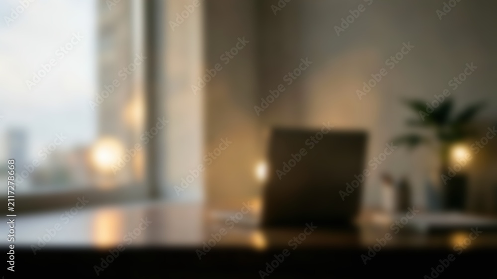 Fototapeta premium Modern Laptop Desk Workspace by City Window for Fintech Banking