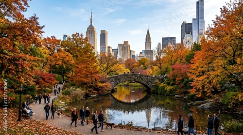 Central Park Autumn Foliage With Iconic Stone Bridge and City Skyline