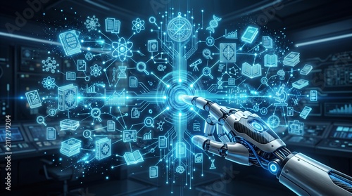 Artificial intelligence technology in education and learning showing a robotic hand interacting with a digital knowledge network of innovation icons for futuristic science and research study.