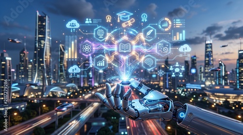 Artificial intelligence education and learning technology innovation with robotic hand holding holographic knowledge icons over futuristic smart city night background for digital school systems.