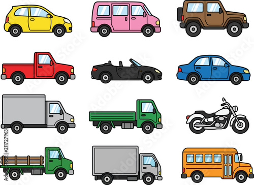 Set of Colorful Various Cars Trucks Vans and Motorcycle Vector Illustration