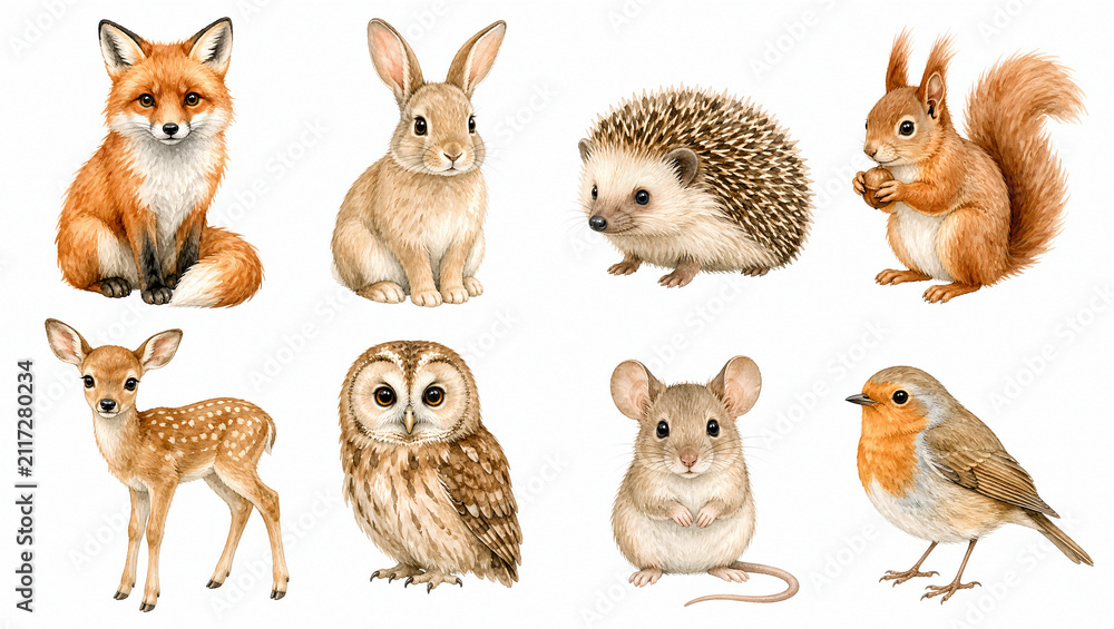 Fototapeta premium Watercolor woodland animals clipart set with fox and deer. Illustration isolated on white for nursery decor
