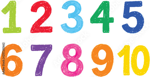 Colorful Crayon Drawn Numbers One to Ten Vector Illustration Set