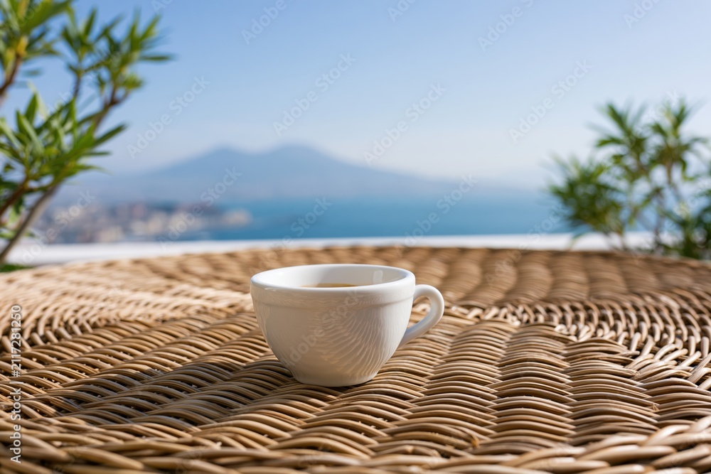 Obraz premium The Cup on a Woven Rattan Table with Sea View