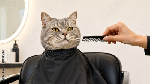 Pet groomer combing a cat whiskers in a grooming salon as funny pet care concept